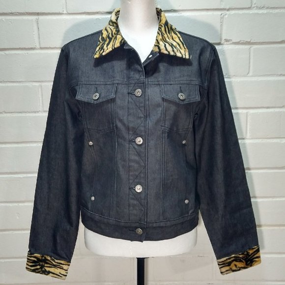 GUESS Black Denim Jacket Animal Print Trim Collared Womens Size M  CLEARANCE! - Picture 1 of 11